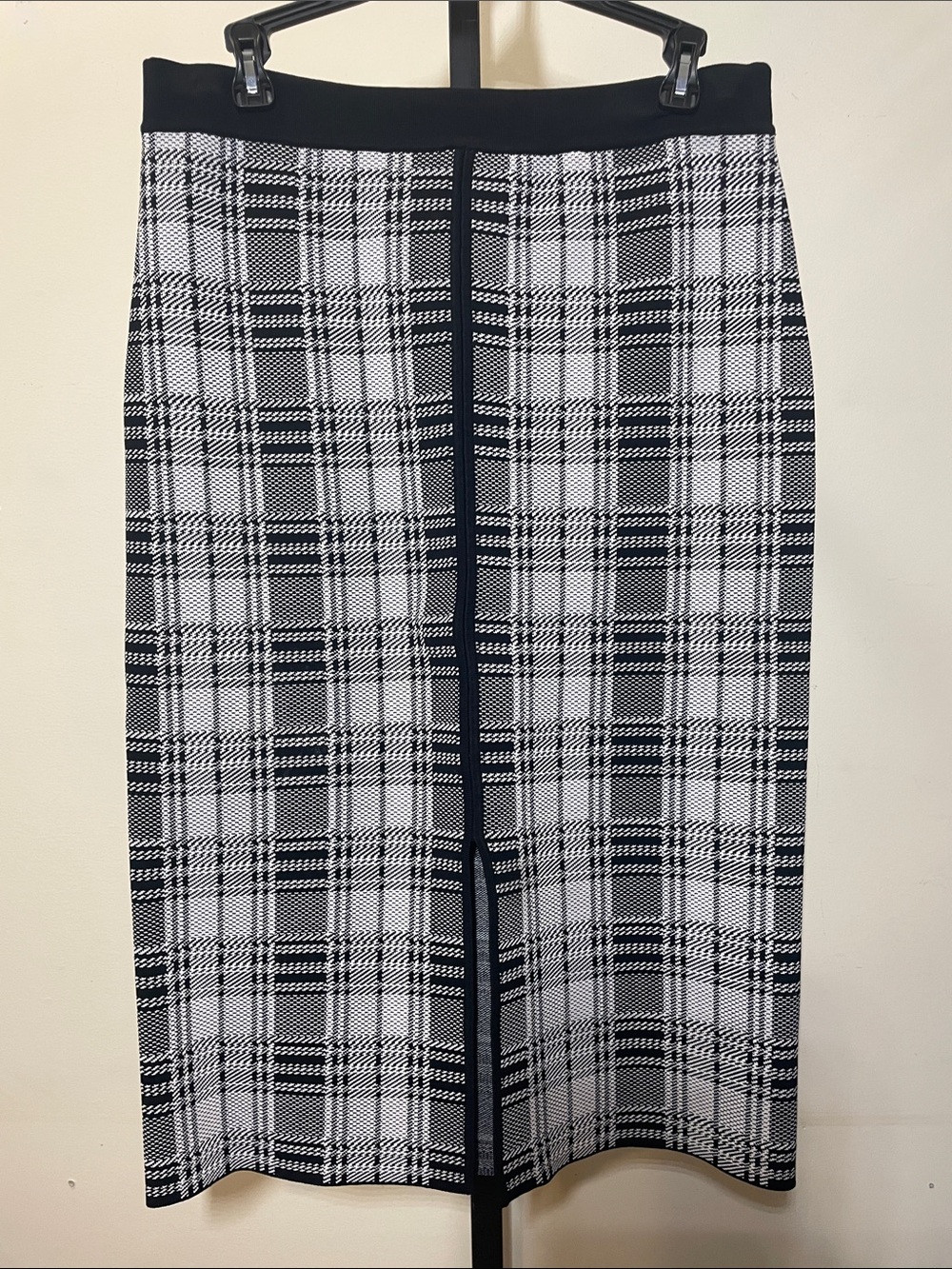 Elie Tahari Black and White Plaid Center-Trim Midi Skirt